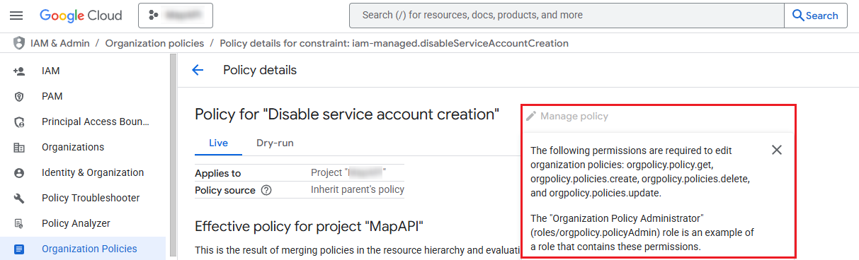 The tool tip for Manage policy.