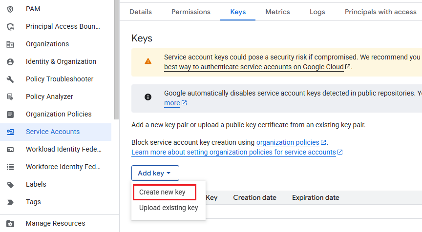 Clicking Create new key.