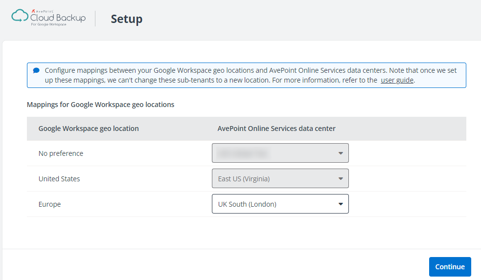 Mapping Google Workspace geo locations to AvePoint Online Services data centers.