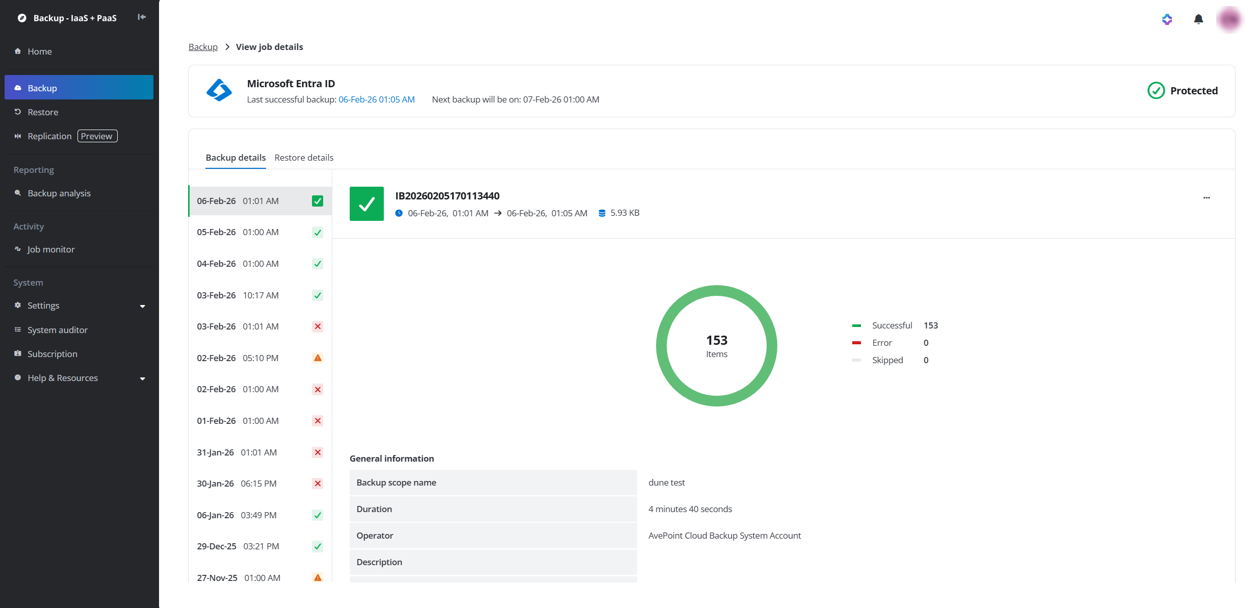 View backup and restore details on the new UI (through Backup > View job history).