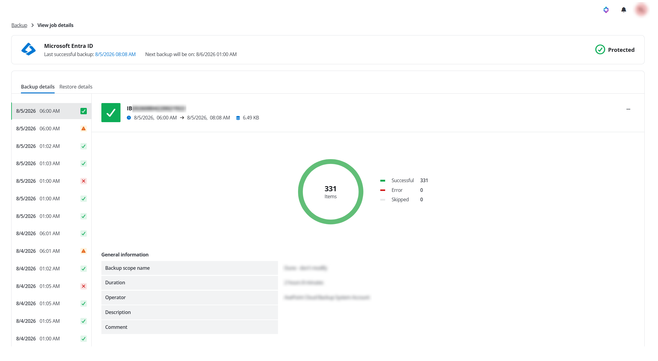 View backup and restore details on the new UI (through Backup > View job history). View backup and restore details on the new UI (through Backup > View job history).