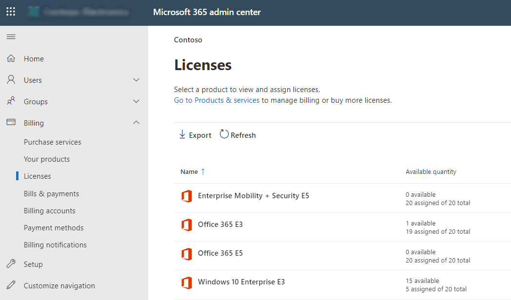 The Licenses page in the Microsoft 365 admin center. The Licenses page in the Microsoft 365 admin center.