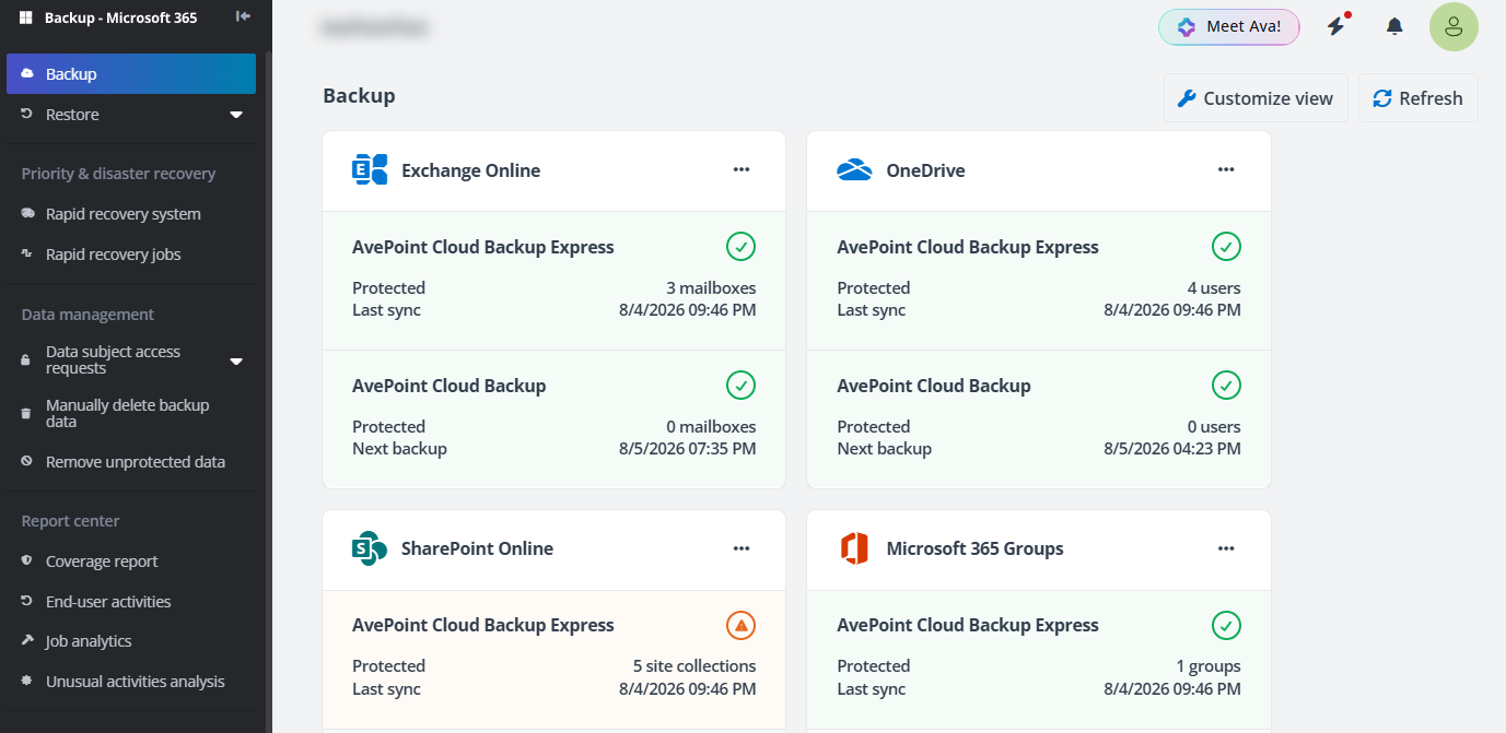 AvePoint Cloud Backup for Microsoft 365 with both AvePoint Cloud Backup subscription and AvePoint Cloud Backup Express subscription. AvePoint Cloud Backup for Microsoft 365 with both AvePoint Cloud Backup subscription and AvePoint Cloud Backup Express subscription.