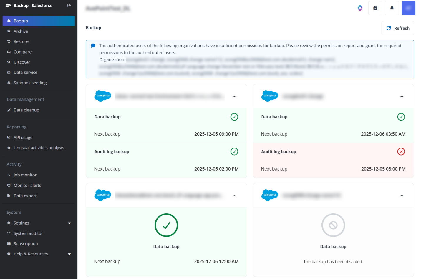 AvePoint Cloud Backup for Salesforce® interface. AvePoint Cloud Backup for Salesforce® interface.