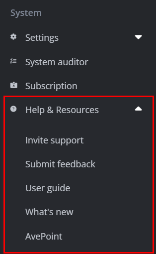 The Help & Resources list. The Help & Resources list.