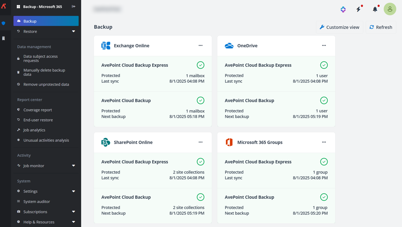 AvePoint Cloud Backup サブスクリプションと AvePoint Cloud Backup Express サブスクリプションの両方を持つ AvePoint Cloud Backup for Microsoft 365 AvePoint Cloud Backup サブスクリプションと AvePoint Cloud Backup Express サブスクリプションの両方を持つ AvePoint Cloud Backup for Microsoft 365