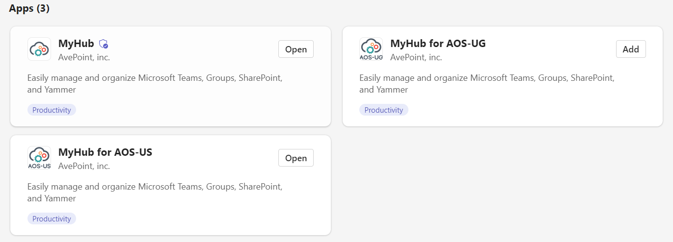 Teams アプリ ストア内の MyHub アプリ